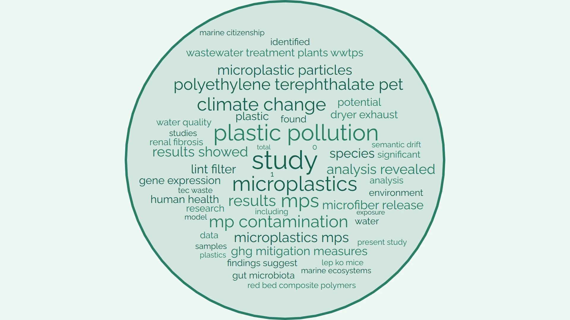 Circular word cloud of 146 microplastics research abstracts with a medium outline. The largest term is study, with phrases such as plastic pollution, climate change and human health inside the circle.